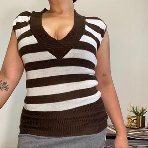 Say What USA Vintage Women’s M Brown White Striped Sweater Vest Top